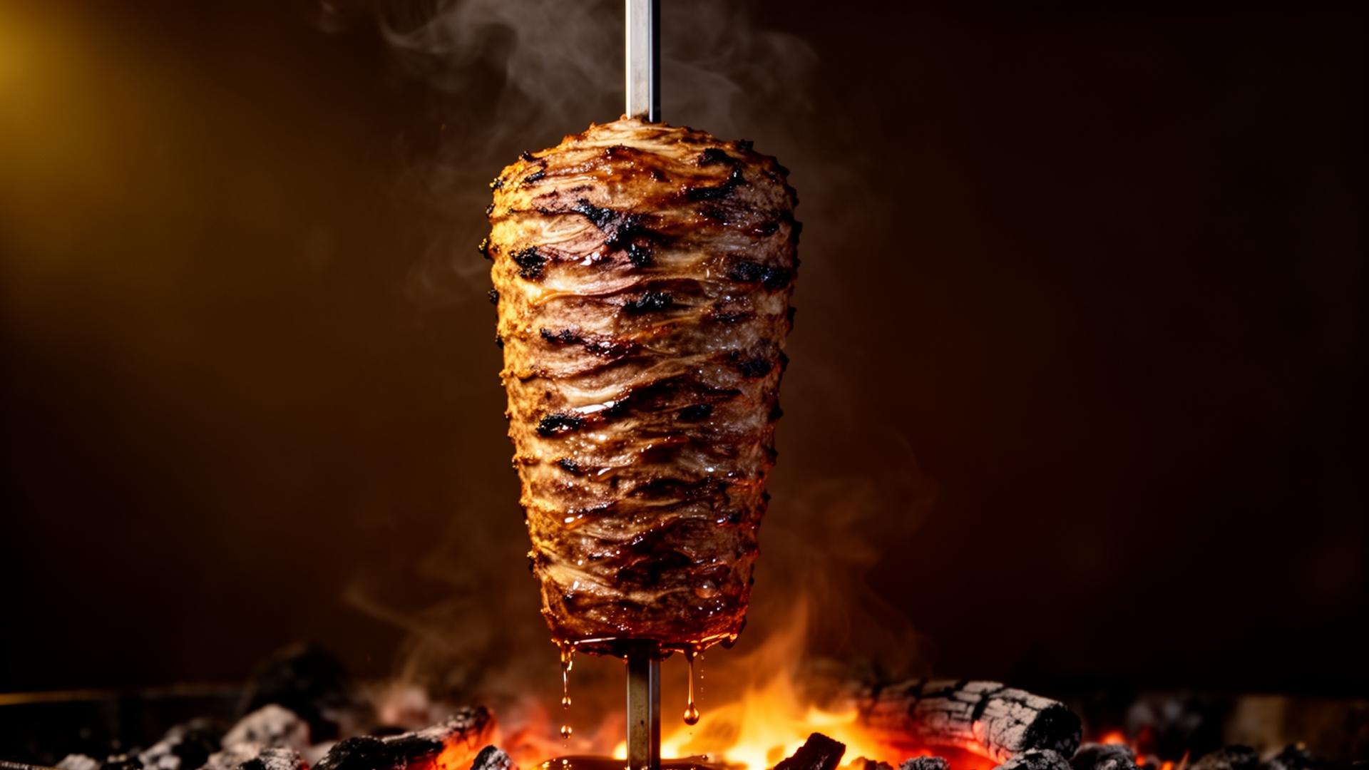 Halal lamb shawarma kebab on rotisserie with warm flame glow